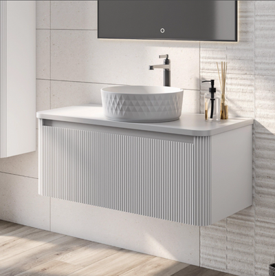 Jack 1000mm Ribbed Wall Hung Vanity Unit in White with White Worktop N23