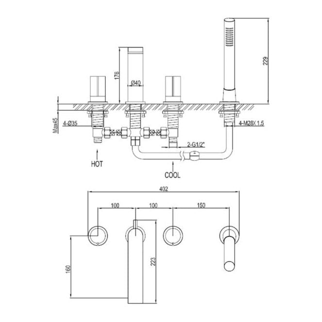 Lexi Matt Black & Gold Deck Mounted 4 Hole Bath Shower Mixer Tap