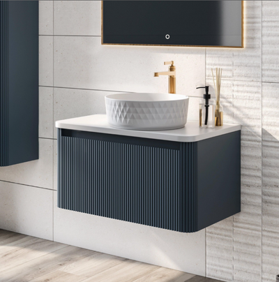 Jack 600mm Ribbed Wall Hung Vanity Unit in Blue with White Worktop N23