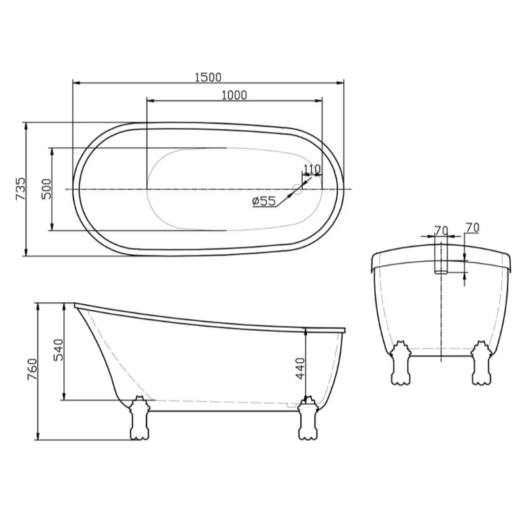 Prichard Traditional Roll Top Bath with Chrome Claw Feet - 1500x735mm