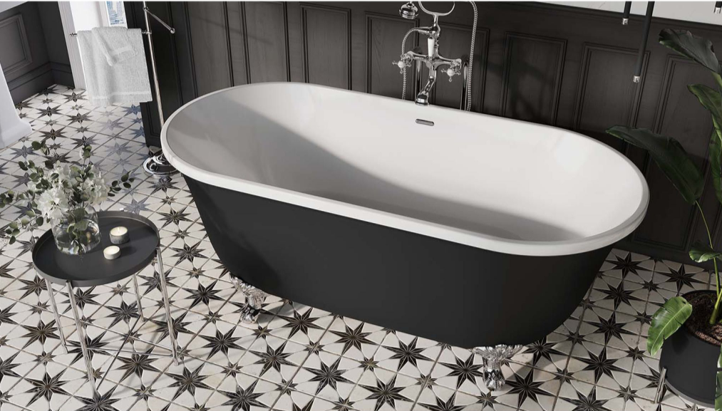 York Black Freestanding Acrylic Bath with Chrome Feet - 1800x865mm