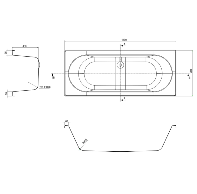 Evolve Double Ended Acrylic Bath – 1700 x 700mm