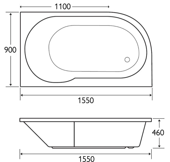 Compact Right Hand Standard Acrylic Shower Bath – 1550 x 900mm