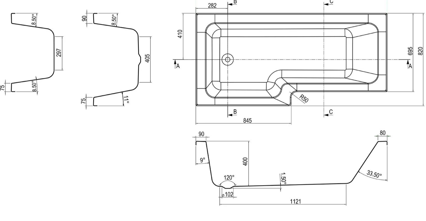 Harmony Acrylic L-Shape Shower Bath - 1700 x 820/700mm Left Hand