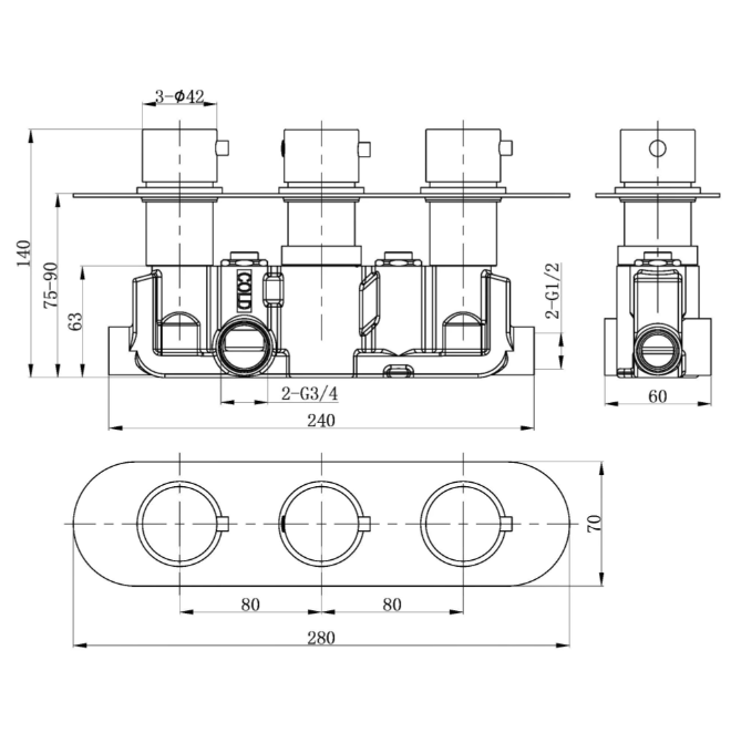 Ellie Round Triple Control Concealed Thermostatic Shower Valve With Dual Outlet - Gunmetal N24