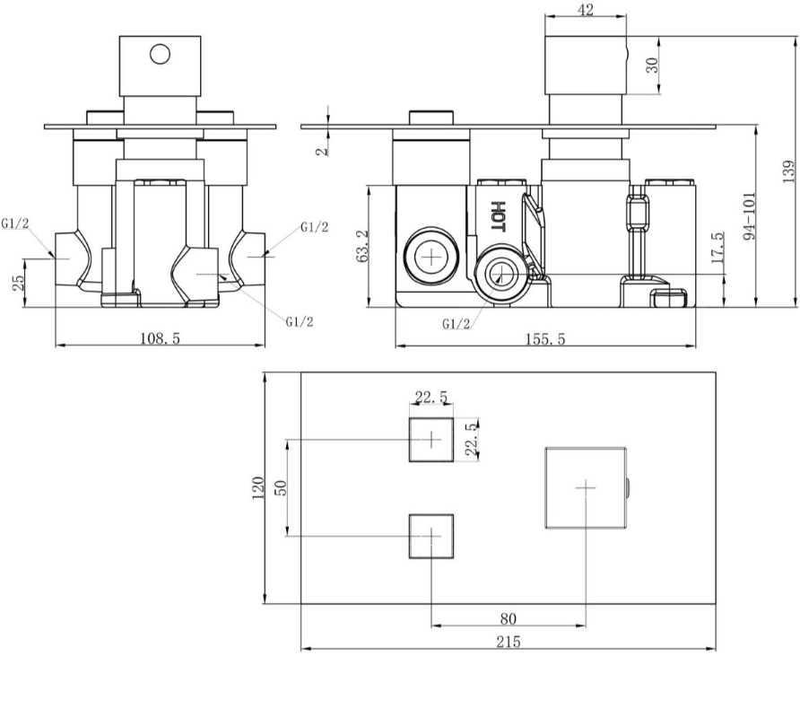 Style Double Outlet Square Touch Control concealed Shower Valve