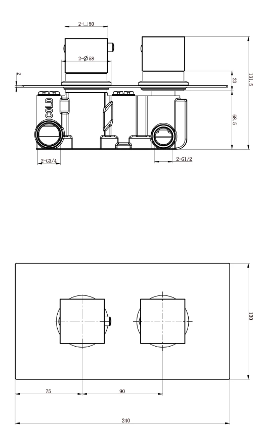 Liberty Square Double Outlet Valve with Slide Rail Kit, Shower Head and Arm - Black