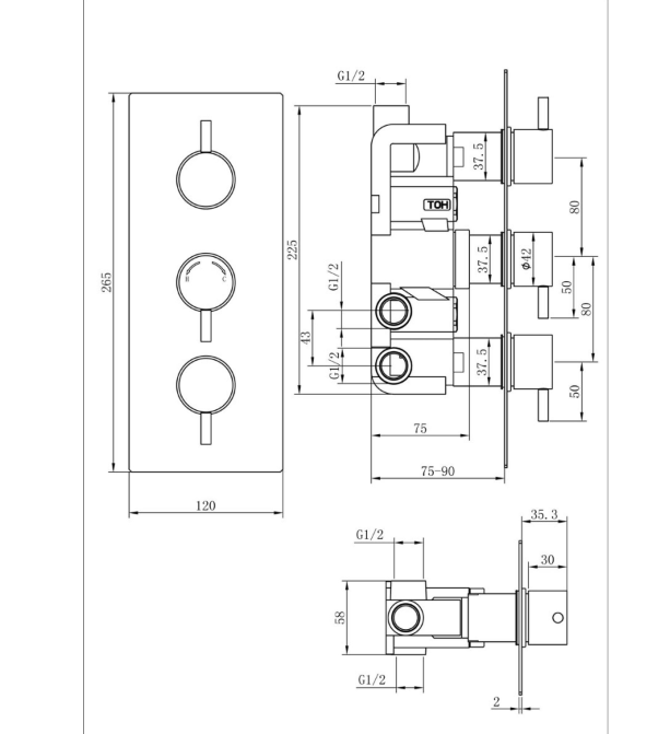 Arkansas Triple Outlet Concealed Valve with Round Shower Head, Slide Rail Kit & Overflow Filler