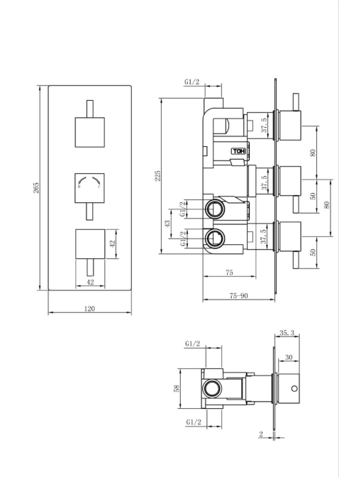 Arkansas Triple Outlet Concealed Valve with Square Shower Head, Slide Rail Kit & Bath Spout