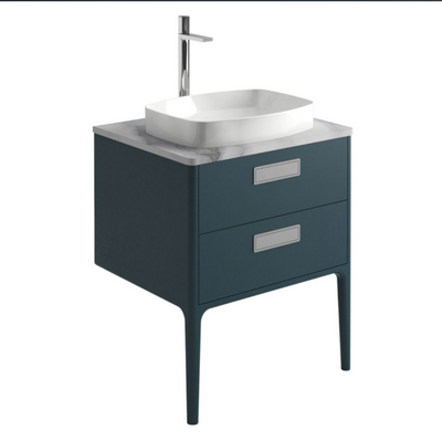 Sky 650mm Vanity Unit With 2 Legs in Petrol Blue with White marble Worktop & Basin