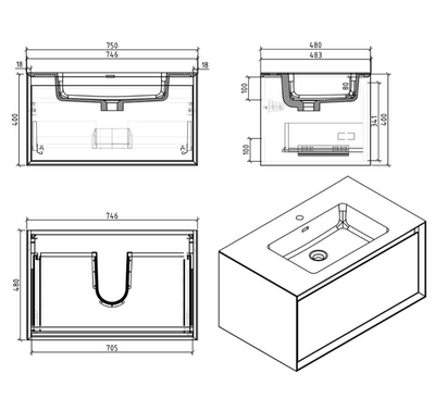 Tawny 750mm Wall Hung Vanity Unit with Black Resin Basin in Leached Oak