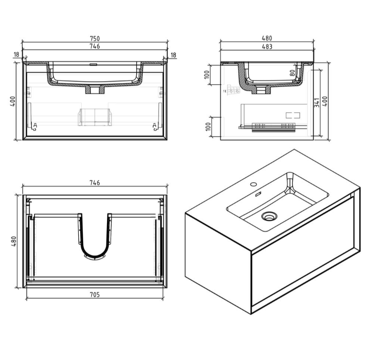 Tawny 750mm Wall Hung Vanity Unit with White Resin Basin in Leached Oak