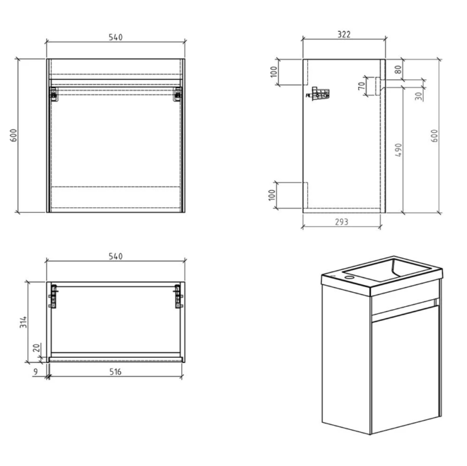 Oscar 545mm Wall Hung Cloakroom Vanity Unit with Ceramic Basin in Leached Oak