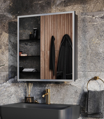 Thea LED Mirrored Bathroom Wall Double Door Cabinet 650mm - Black