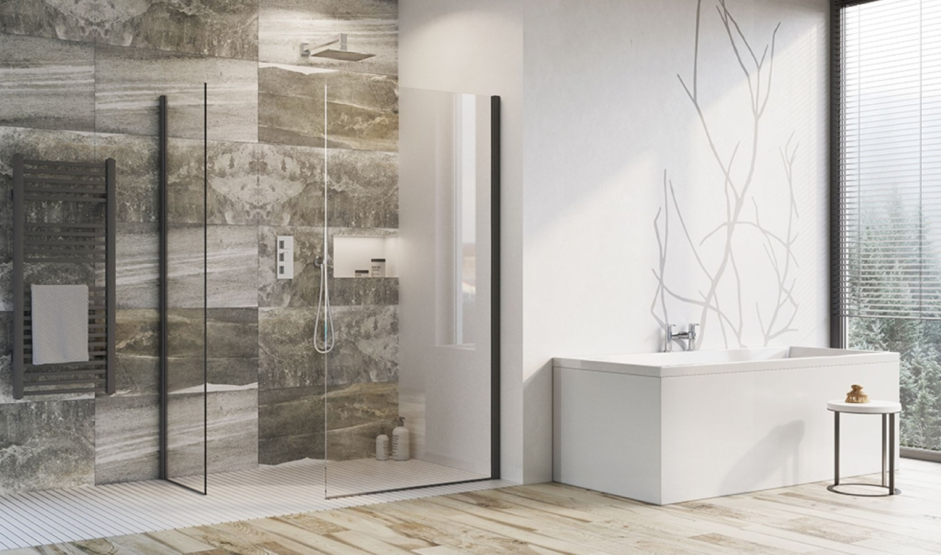 Cubuz Walk-in Fixed Clear Glass & Black Shower Screen - 1180mm Shower Tray or Wetroom