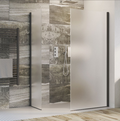 Cubuz Walk-in Fixed Frosted Glass & Black Shower Screen - 980mm Shower Tray or Wetroom