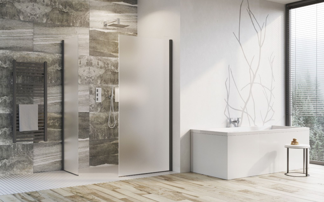 Cubuz Walk-in Fixed Frosted Glass & Black Shower Screen - 780mm Shower Tray or Wetroom