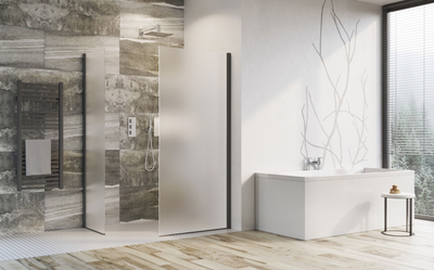 Cubuz Walk-in Fixed Frosted Glass & Black Shower Screen - 980mm Shower Tray or Wetroom