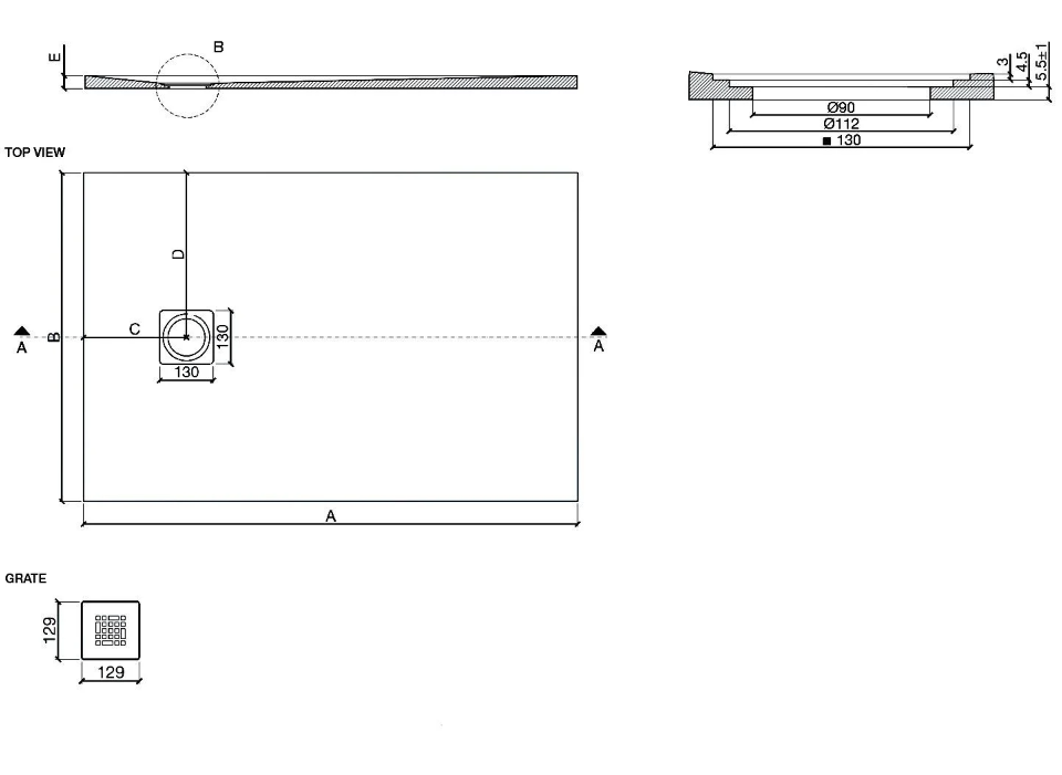 Slate Effect Shower Tray White - 1600 x 800