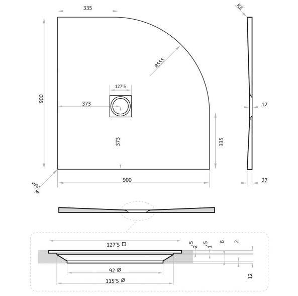 Slate Effect Quadrant Shower Tray White- 900 x 900