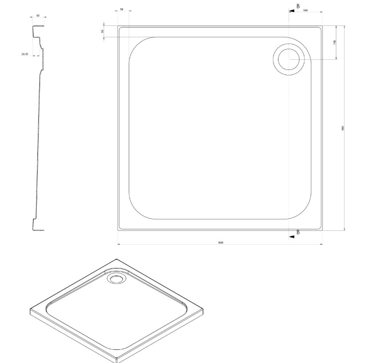 Detroit Low Profile Square Anti-Slip Shower Tray - 900x900mm