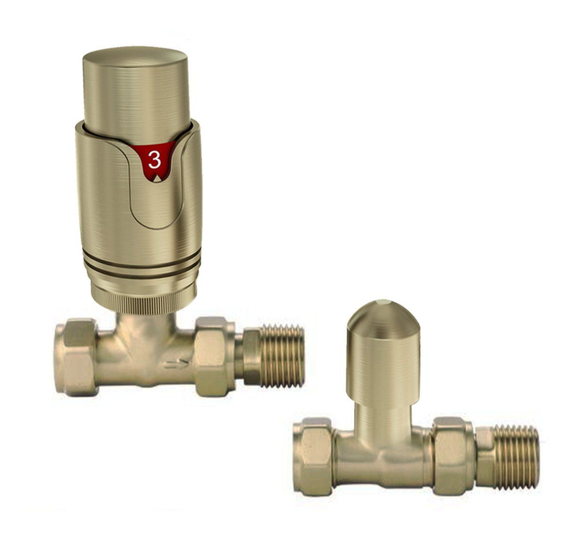 Thermostatic Brushed Gold Straight Pair of Radiator Valves