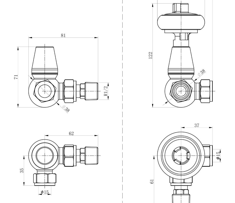 Wooden Head Corner Pair of Radiator Valves - Black Nickel N24