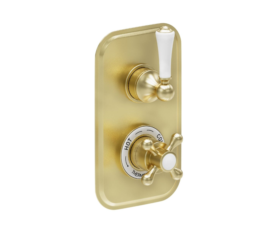 William Traditional Twin Concealed Thermostatic Shower Valve With Dual Outlet- Brushed Gold N24