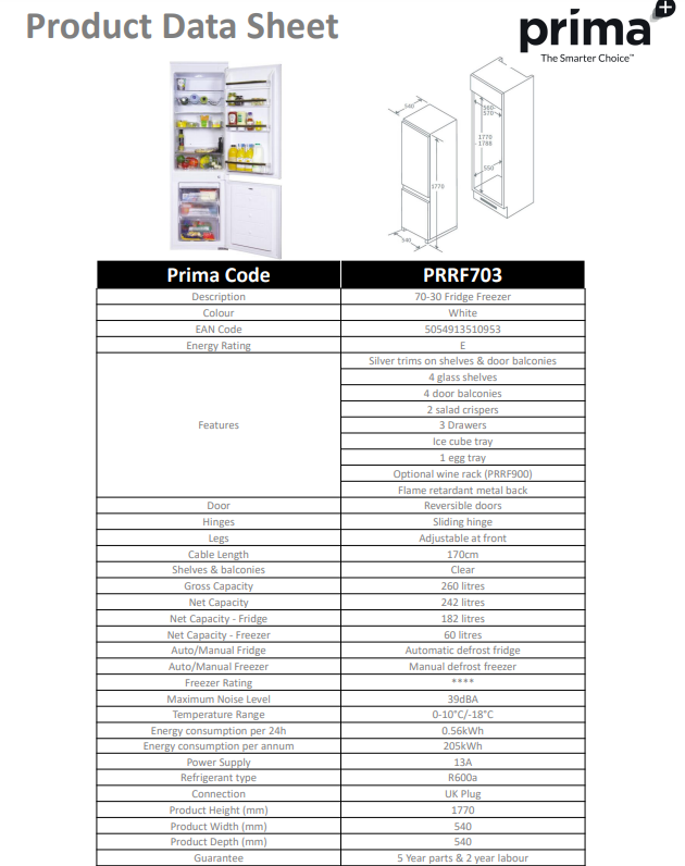 Prima 70/30 FRIDGE FREEZER PRRF703