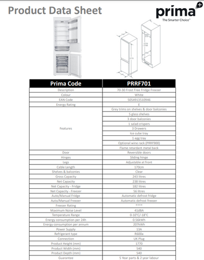 Prima 70/30 FROST FREE FRIDGE FREEZER PRRF701