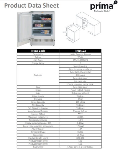 Prima UNDER COUNTER LARDER FREEZER PRRF103