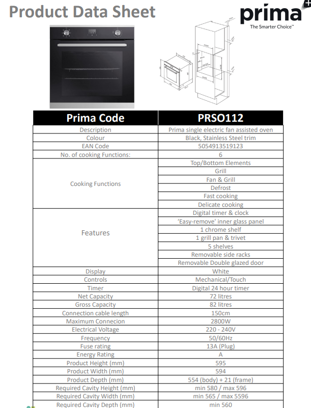 PRIMA+ BUILT-IN SINGLE ELECTRIC FAN OVEN PRSO112