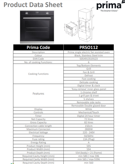 PRIMA+ BUILT-IN SINGLE ELECTRIC FAN OVEN PRSO112