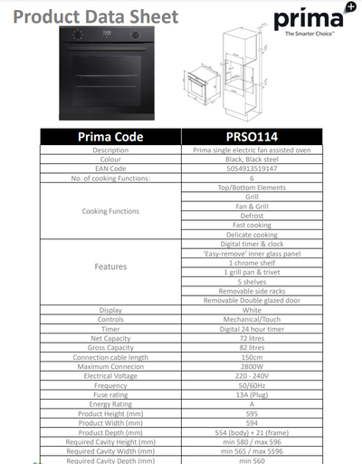 PRIMA+ BUILT-IN SINGLE ELECTRIC FAN OVEN IN BLACK PRSO114