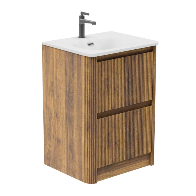 Jack 600mm Ribbed Floorstanding Vanity Unit with Drawers in Walnut with Matt Black Basin N24