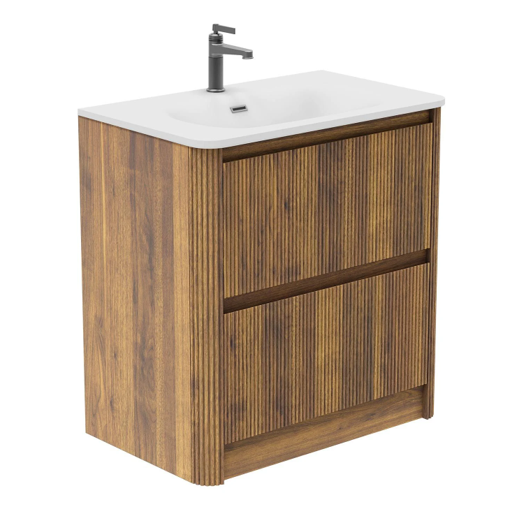 Jack 800mm Ribbed Floorstanding Vanity Unit with Drawers in Walnut with Gloss White Ceramic Basin N24