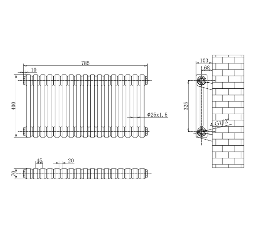 Nevada Matt Black Triple Horizontal Column Radiator - 400mm