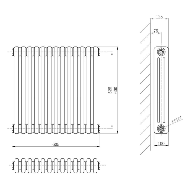 Nevada White Triple Horizontal Column Radiator - 600x605mm