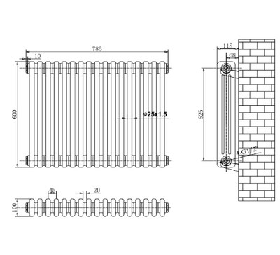 Nevada White Triple Horizontal Column Radiator - 600x785mm