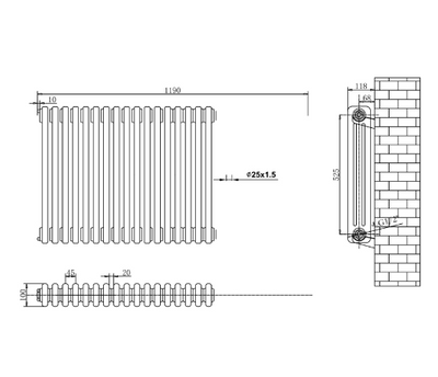 Nevada Grey Triple Horizontal Column Radiator - 600x1190mm