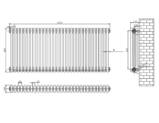 Nevada Black Triple Horizontal Column Radiator - 600mm