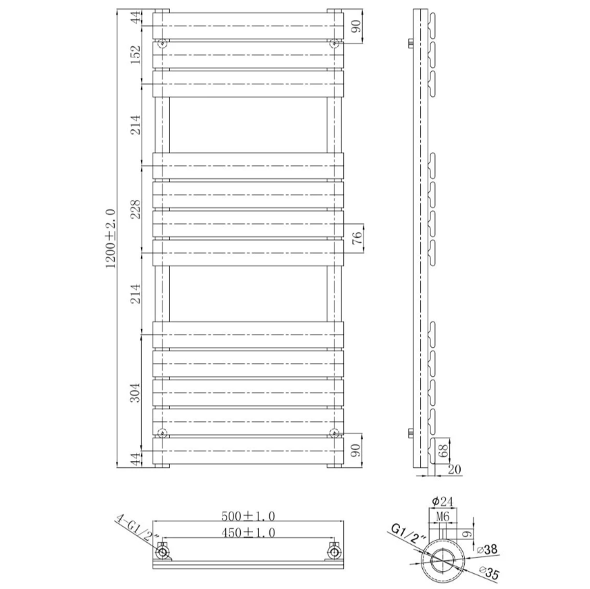 Liberty Matt Black Heated Towel Rail – 1200x500mm