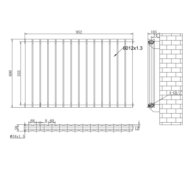 Michigan Black Double Horizontal Flat Panel Radiator - 600 x 952mm