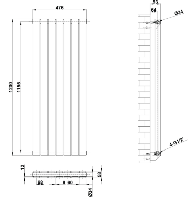 Michigan White Double Vertical Flat Panel Radiator - 1200x476mm