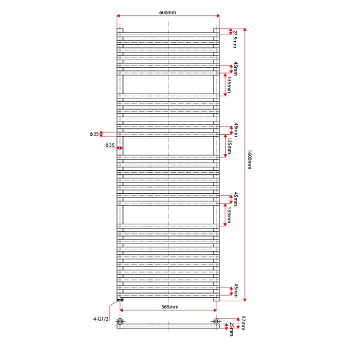 New Hampshire 1600 x 600mm Heated Towel Rail – Chrome