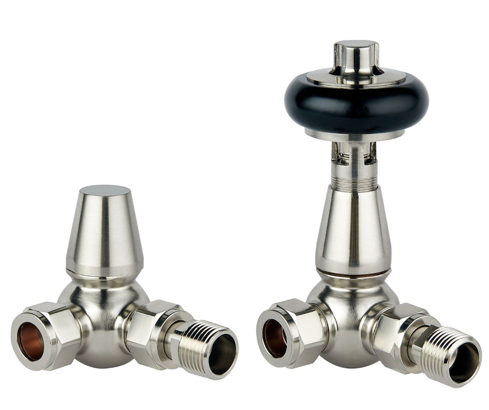 Wooden Head Corner Pair of Radiator Valves - Satin Nickel N24