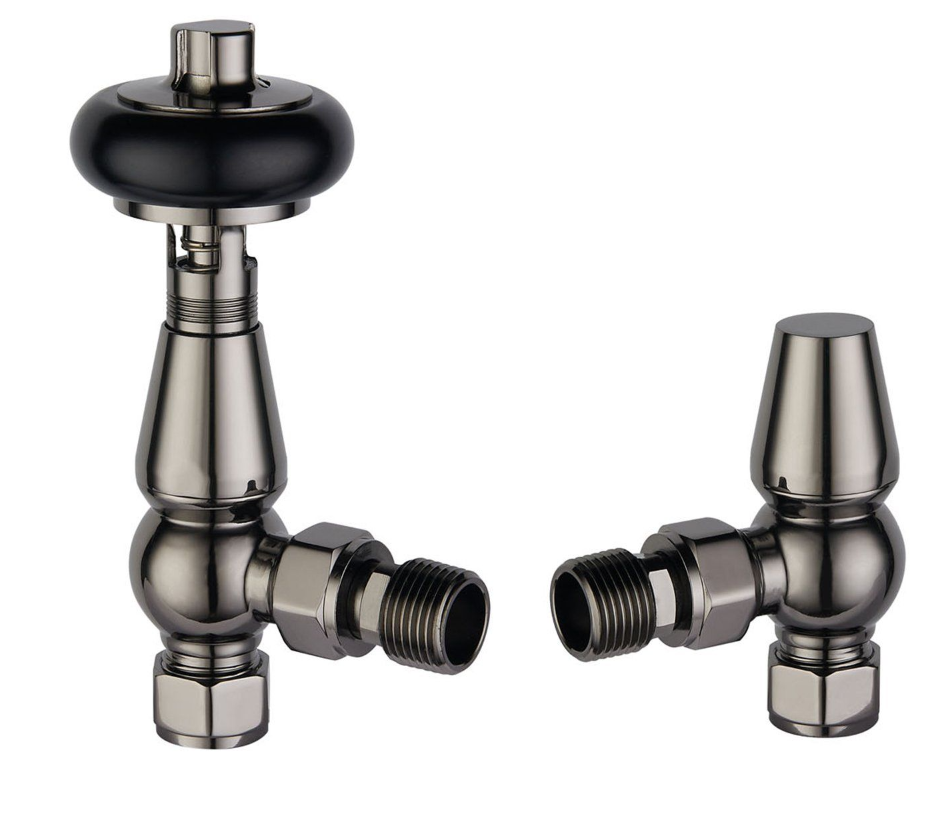 Wooden Head Angled Pair of Radiator Valves - Black Nickel N24