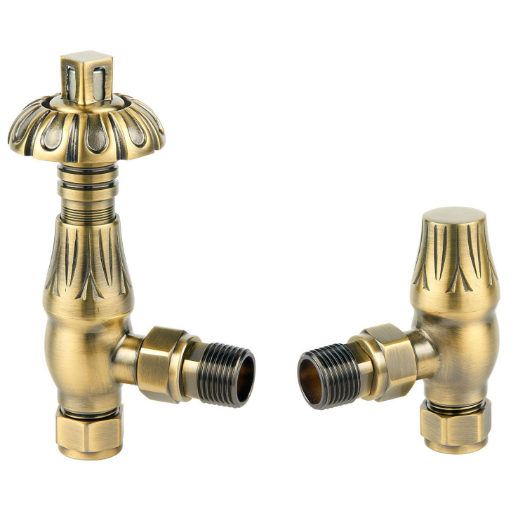 Metal Head Angled Pair of Radiator Valves - Antique Brass N24