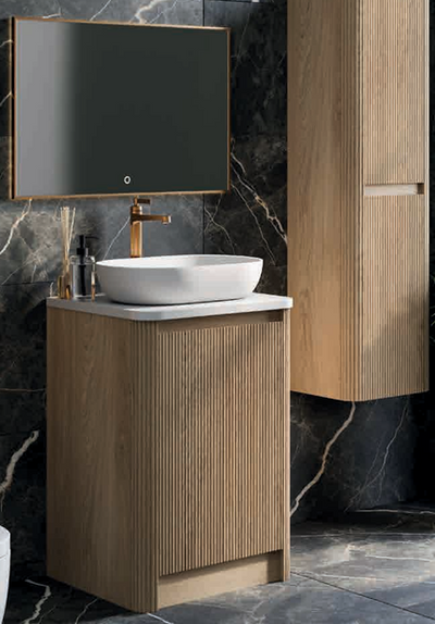 Jack 1000mm Ribbed Floorstanding Vanity Unit with Doors in Natural Oak with White Worktop N24