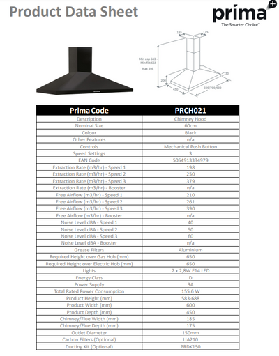 Prima 60 BLACK CHIMNEY HOOD PRCH021